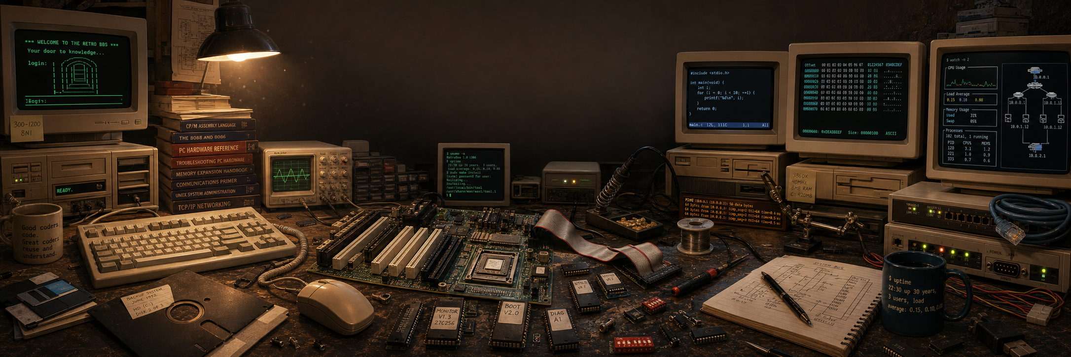 Retro computing workbench with classic machines, terminals, and bench tools